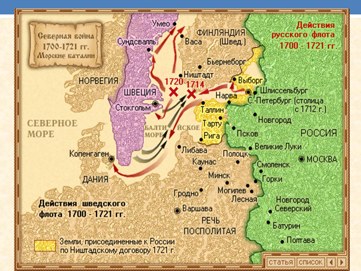 Какой город был захвачен первым. Карта действий Северной войны 1700-1721.
