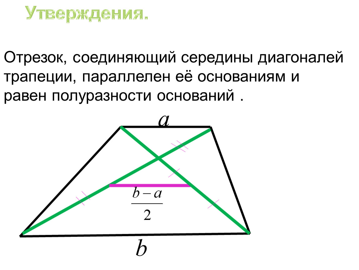Диагональ трап. Отрезок соединяющий середины диагоналей трапеции. Отрезок соединяющий половины диагоналей трапеции. Отрезок соединяющий середины диагоналей трапеции равен. Отрезка, соединяющего середины диагоналей трапеции..