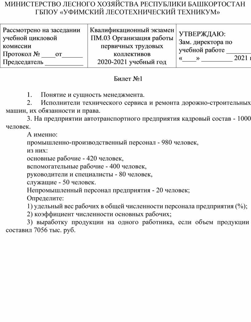 ПМ 03 Организация работы первичных трудовых коллективов. Комплект фондов  оценочных средств