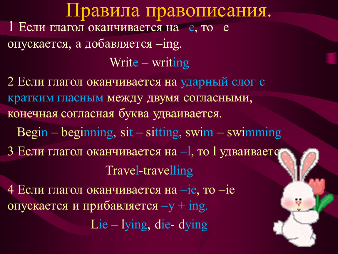 Продолжай правила. Present Continuous окончание правило. Окончание ing в present Continuous. Правило удвоения согласной в present Continuous. Present Continuous правила окончания.