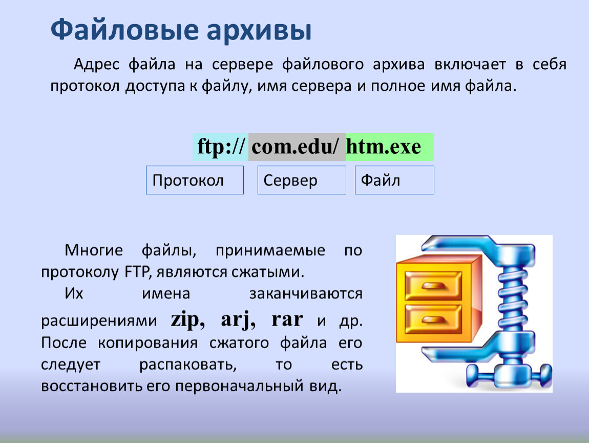 Всемирная паутина файловые архивы 9 класс. Файловые архивы-FTP-серверы. Протокол сервер файл. Файловые архивы это в информатике.