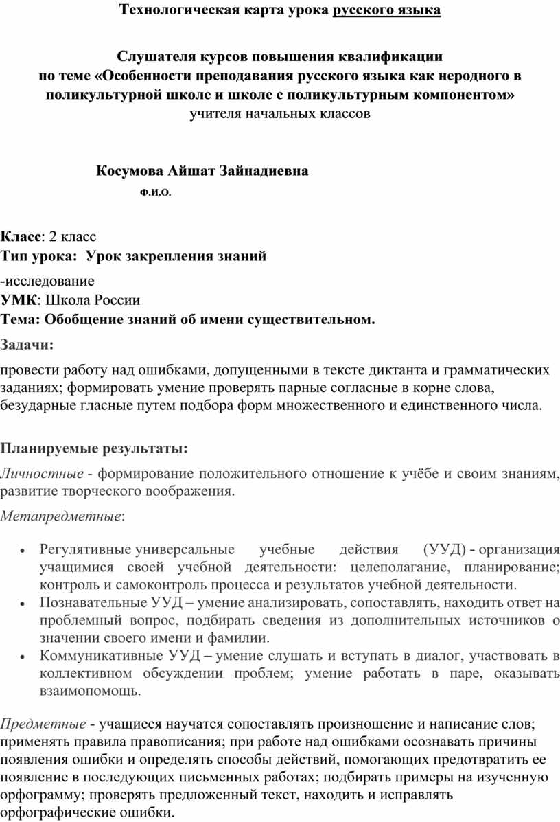 Технологическая карта урока русского языка