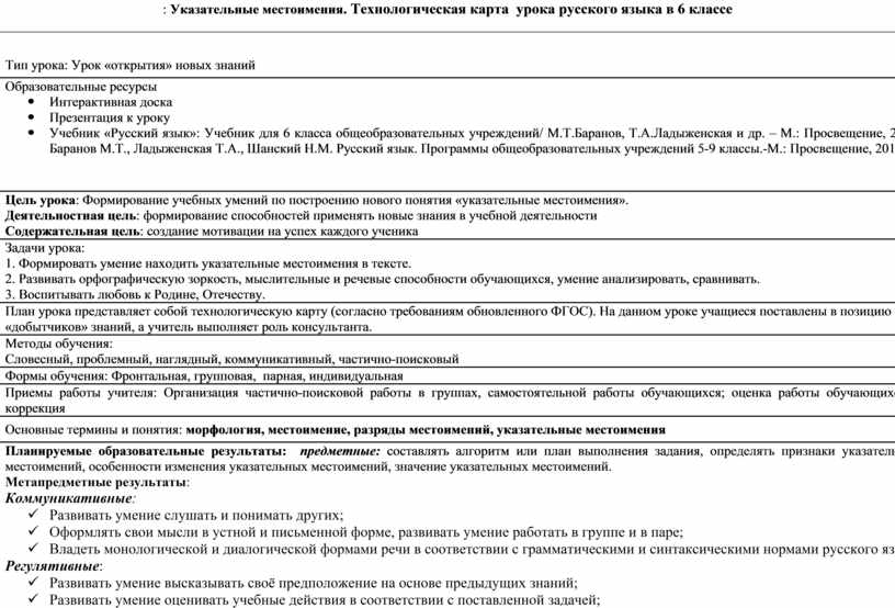 Технологическая карта по русскому языку 6 класс фгос ладыженская