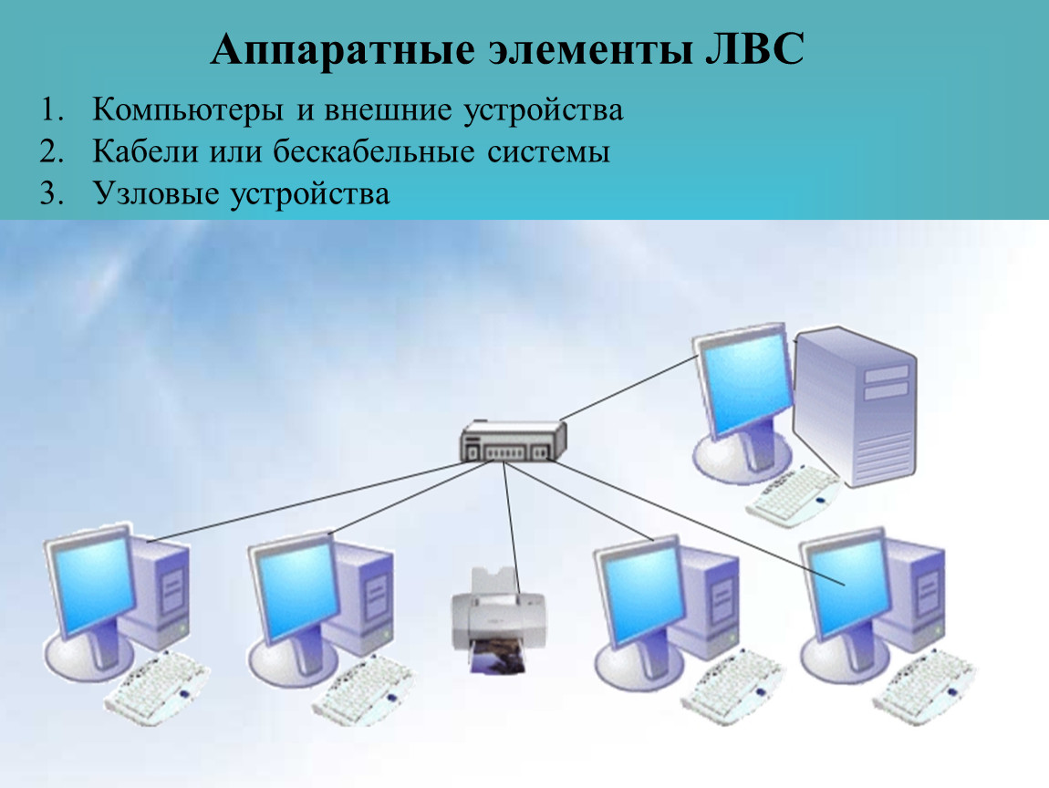 Из каких компонентов состоит сеть. Аппаратные компоненты локальной сети. Компоненты локальной вычислительной сети. Локальная вычислительная сеть (ЛВС). Аппаратные элементы ЛВС.