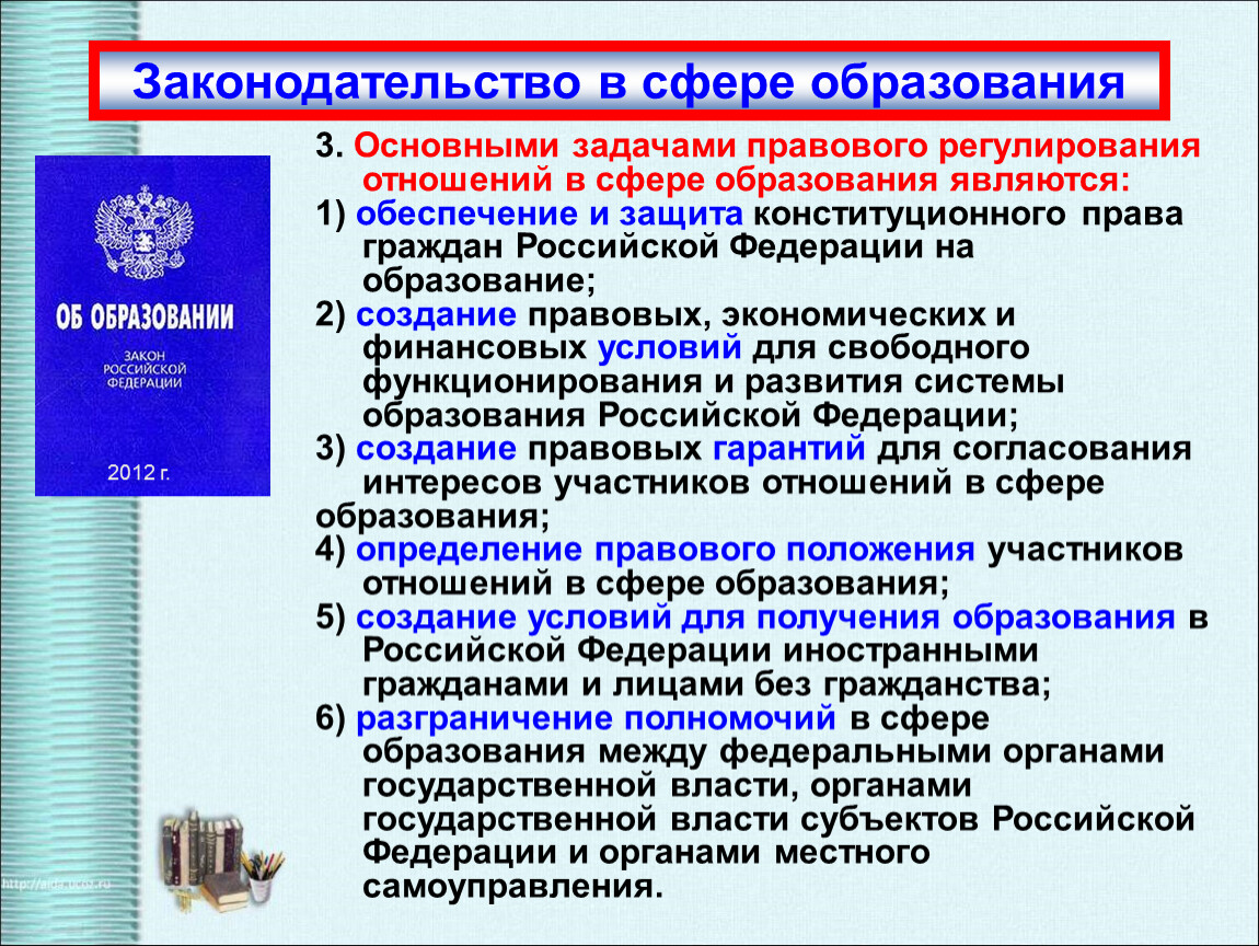 Осуществляет в соответствии с законодательством. Правовое регулирование отношений в сфере образования. Задачи правового регулирования отношений в сфере образования. Правовое регулирование отношений в сфере образования презентация. Законодательные акты регулирующие образовательные отношения.