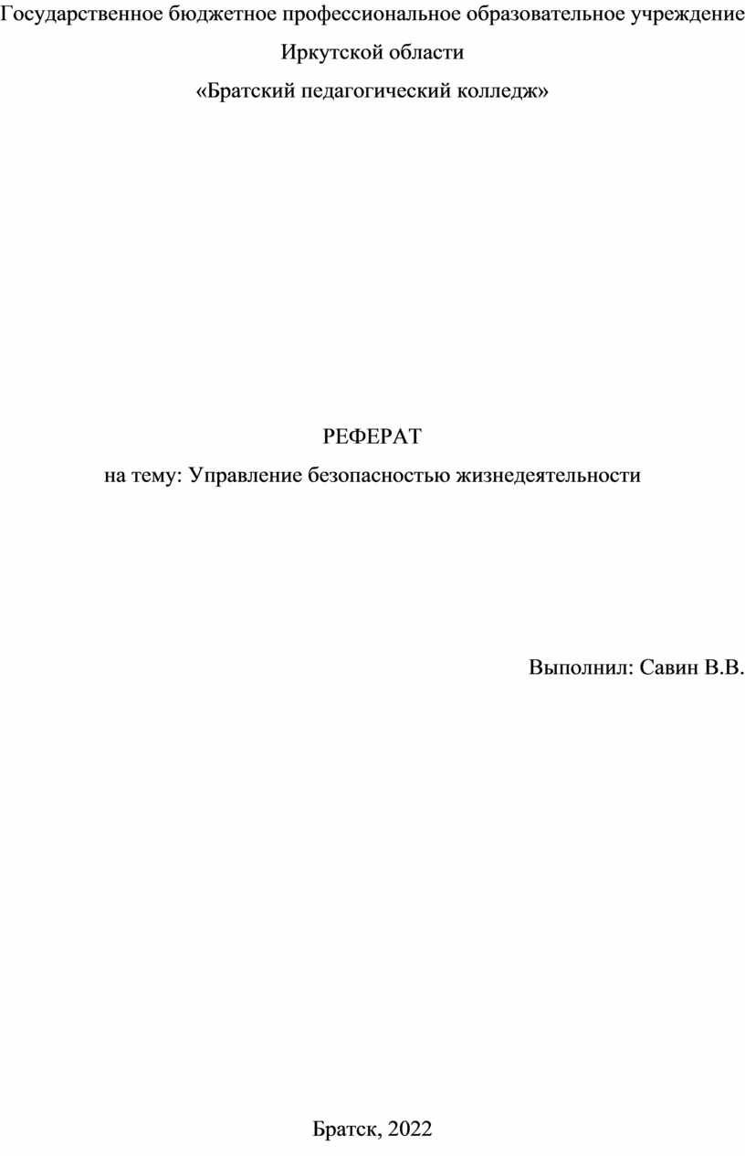 Реферат: Управление безопасностью жизнедеятельности