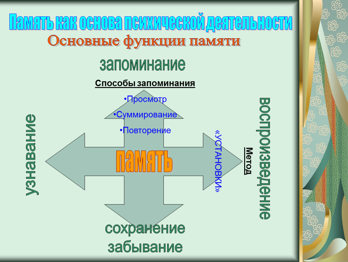 Схема запоминания. Функции памяти. Основные функции памяти. Виды и функции памяти психология. Функции памяти в психологии.