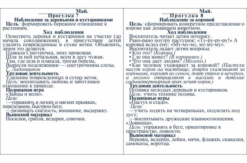 План прогулки в старшей группе май