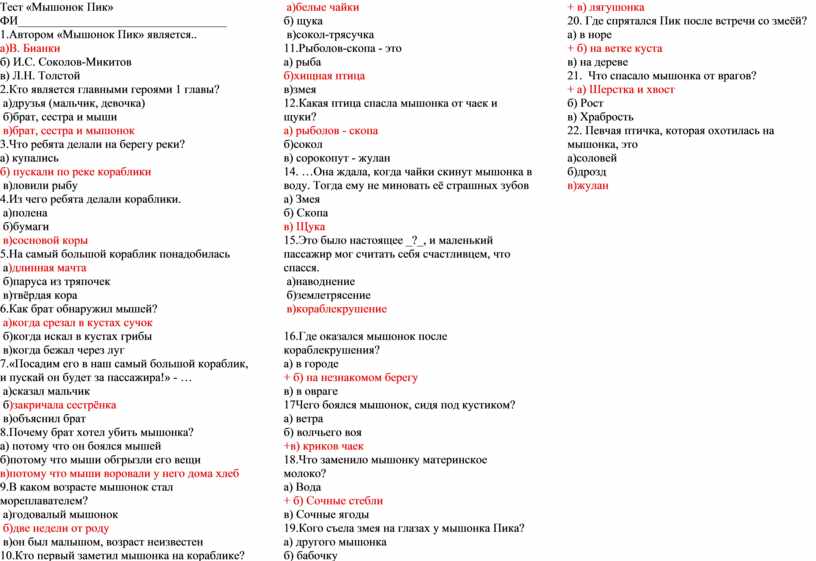 План мышонок пик 3 класс план