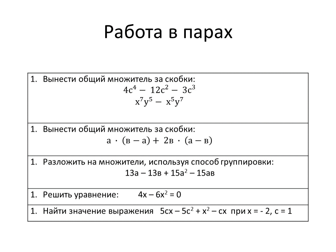 Способ группировки алгебра 7 класс самостоятельные работы. Вынесение общего множителя за скобки. Вынесение общего множителя за скобки способ группировки. Вынесение общего множителя за скобки способ группировки 7 класс. Разложение на множители вынесение общего множителя за скобки 7 класс.