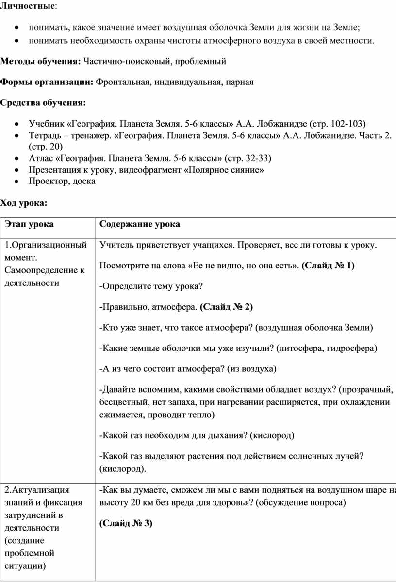 Конспект урока по географии для 6 класса 