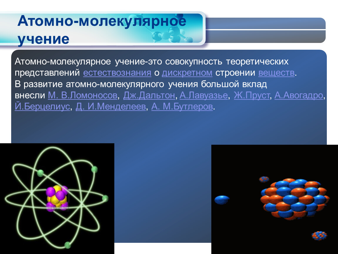 Основные положения атомно молекулярного учения