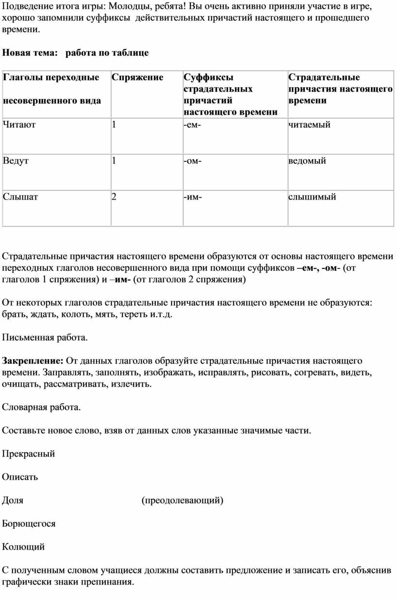 Урок «Страдательные причастия настоящего времени»