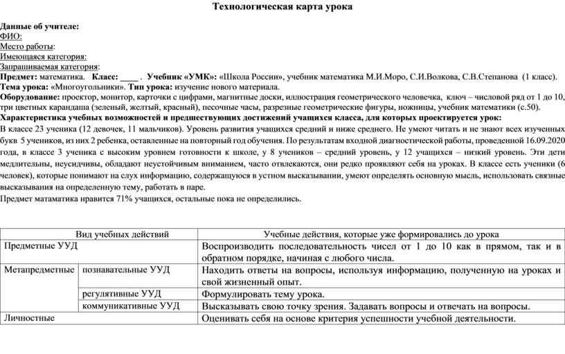 Технологическая карта урока по математике 1 класс многоугольники