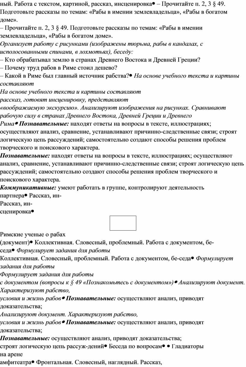 Технологическая карта урока: Рабство в Древнем Риме