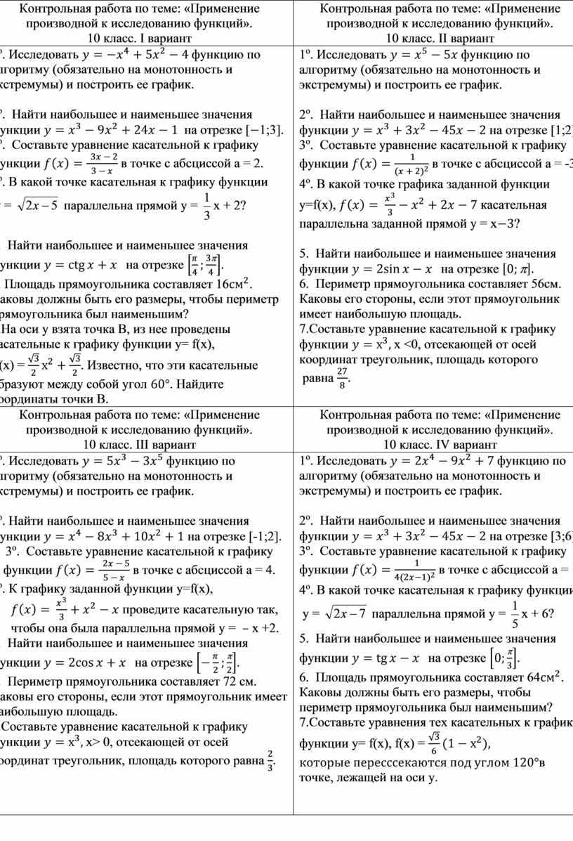 Контрольная работа по теме: «Применение производной к исследованию  функций». 10 класс.