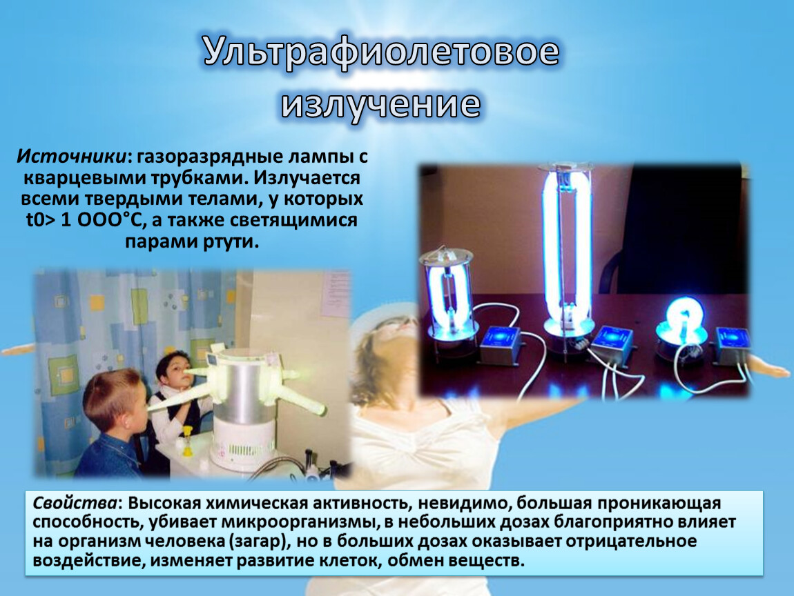 Ультрафиолетовое излучение Источники : газоразрядные лампы с кварцевыми трубками