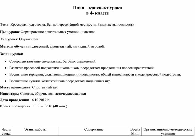 План конспект урока по кроссовой подготовке