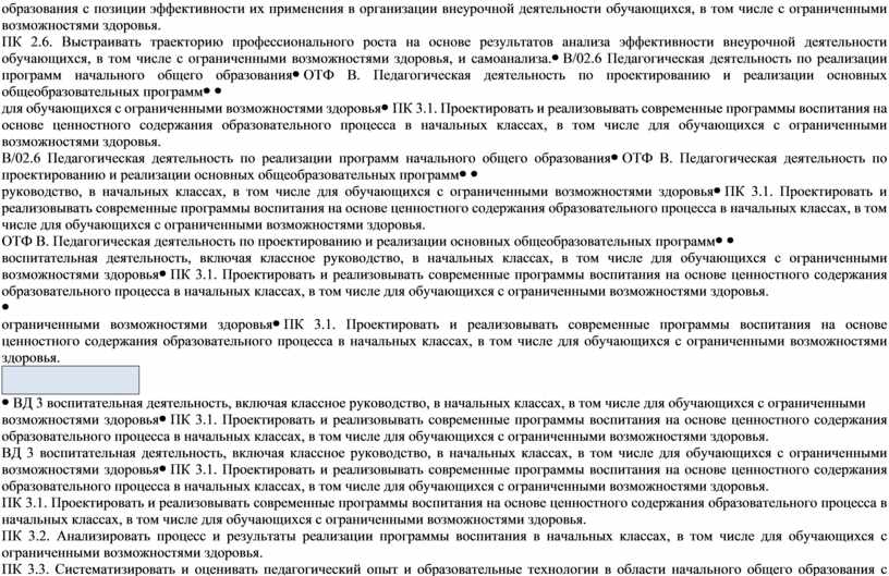 ПК 2.6. Выстраивать траекторию профессионального роста на основе результатов анализа эффективности внеурочной деятельности обучающихся, в том числе с ограниченными возможностями здоровья, и самоанализа