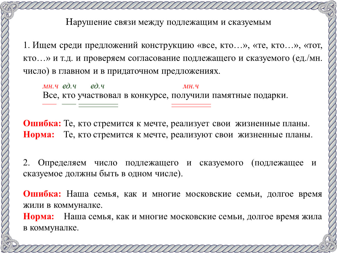 Нарушение связи между подлежащим и сказуемым (задание № 8 ЕГЭ по русскому  языку)