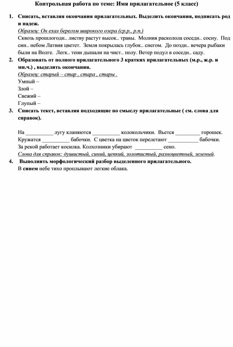 Русский язык 5 класс контрольная прилагательные