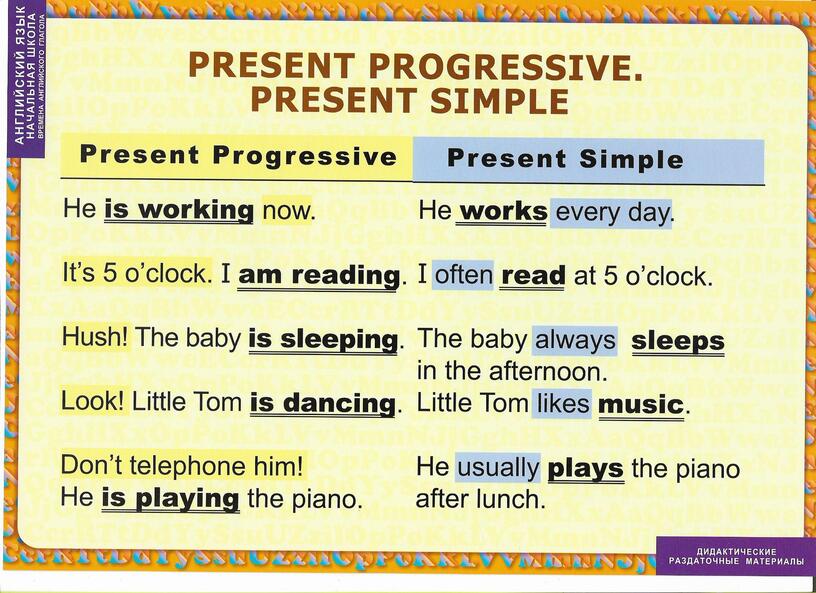 Use present simple future simple present progressive. Презент Симпл и презент прогрессив. Раздаточный материал английский язык. Английский язык дидактический материал. Present simple present Progressive правило.
