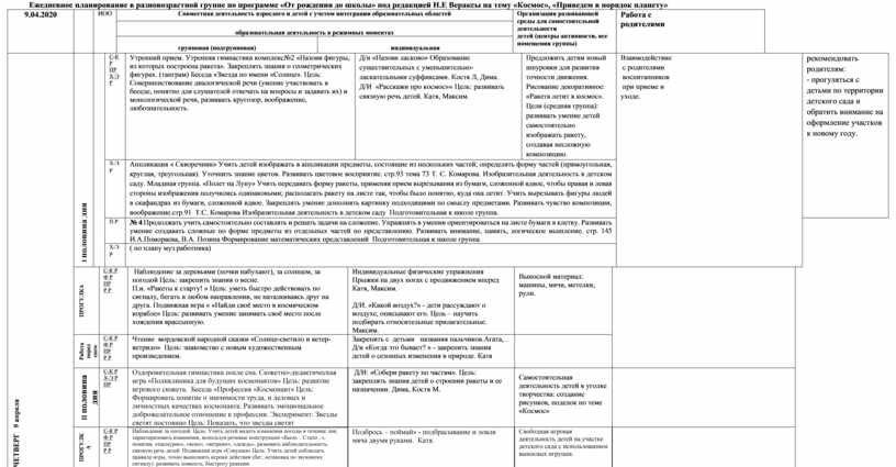 Календарный план космос подготовительная группа