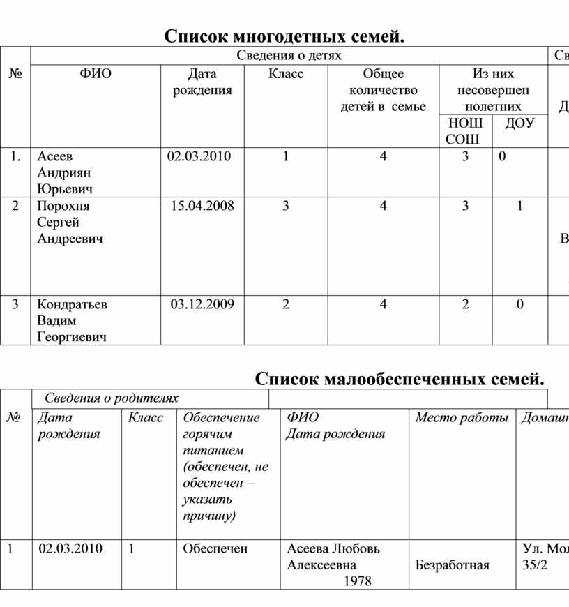 Список многодетных семей в школе образец