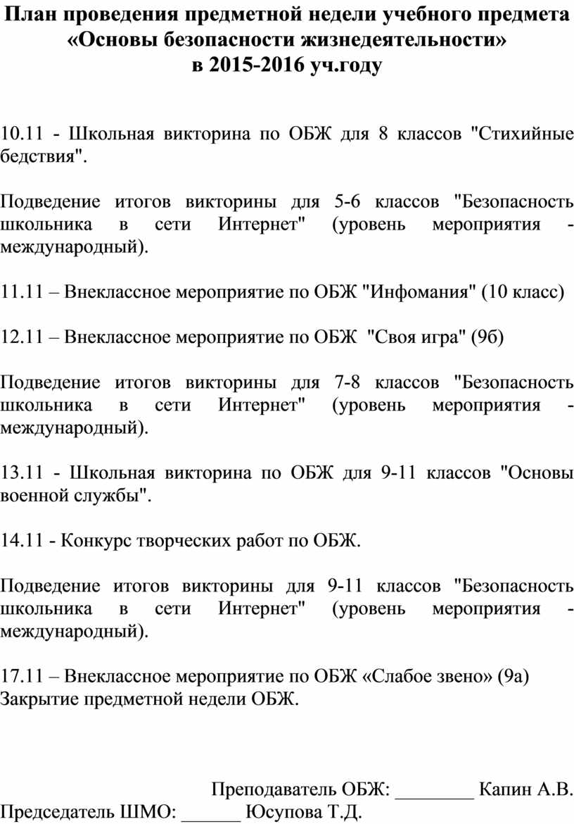 План проведения предметной недели в начальной школе