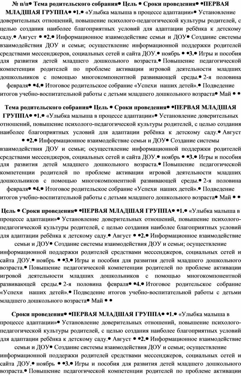 Годовой план родительских собраний на все группы на 2020-2021 учебный год