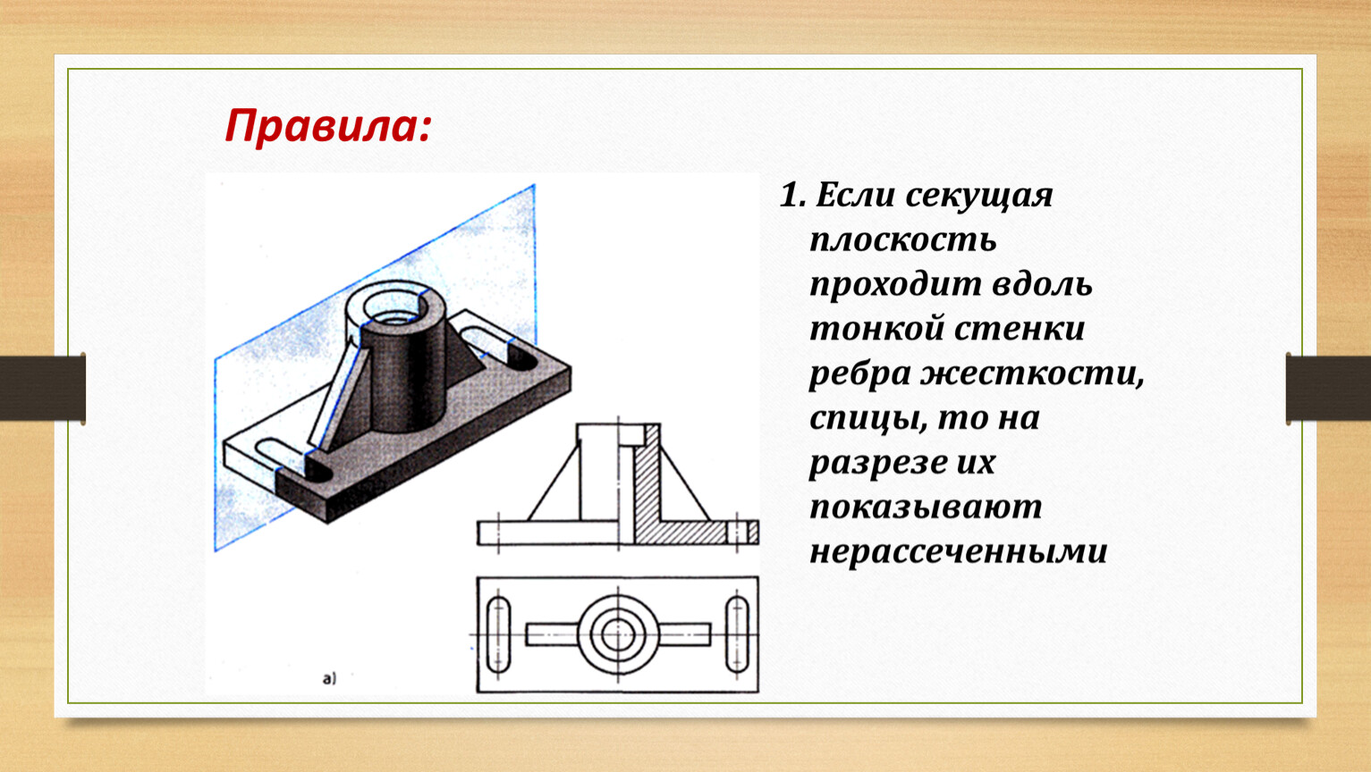 При каком разрезе следует штриховать проекцию ребра жесткости тонкой стенки