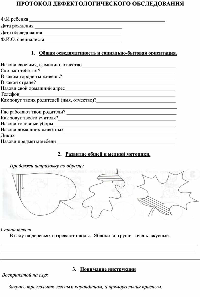 Карта дефектологического обследования