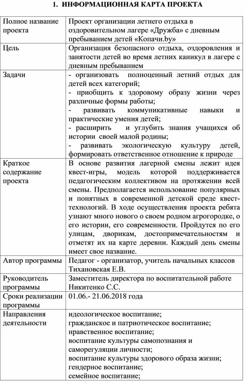 Информационная карта проекта пример