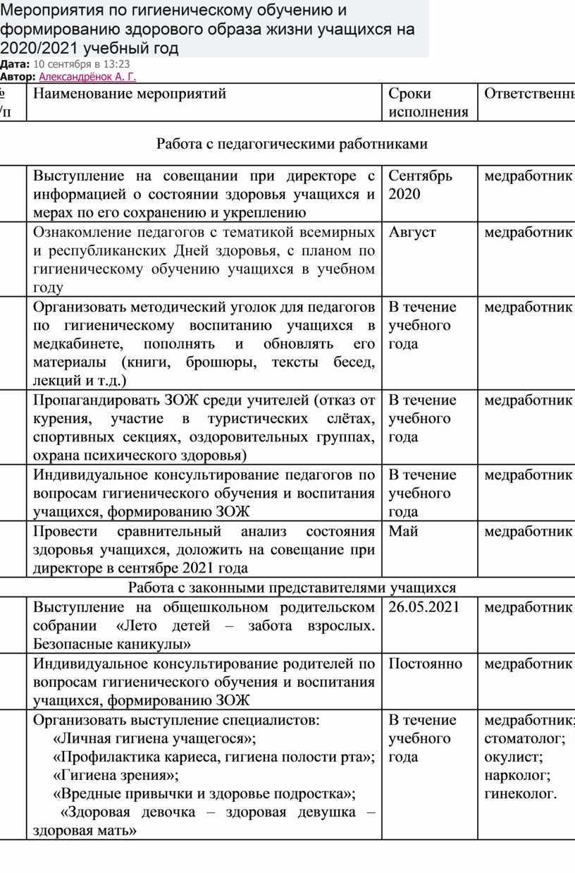 План мероприятий по формированию здорового образа жизни