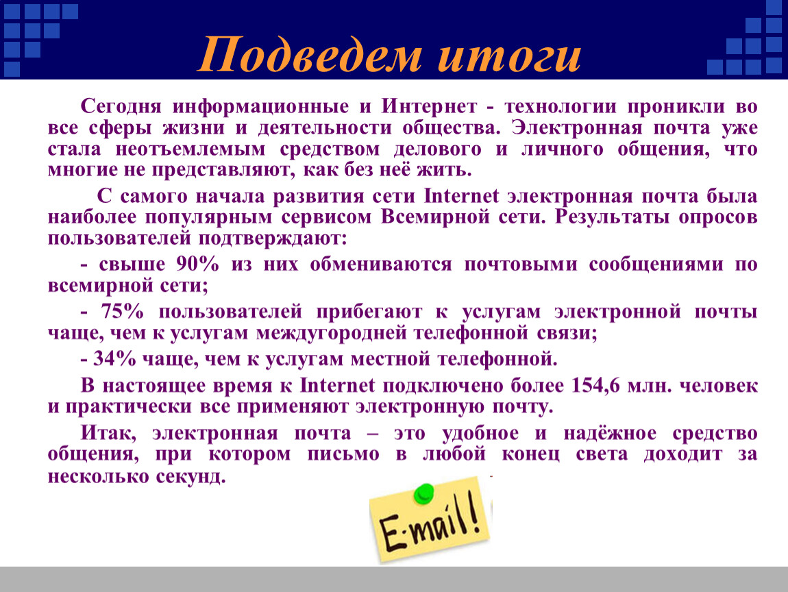 Электронные результаты. Итоги электронной почты. Интернет итог. Подводя итоги о интернете. Что является неотъемлемым способом нашего с вами общения.