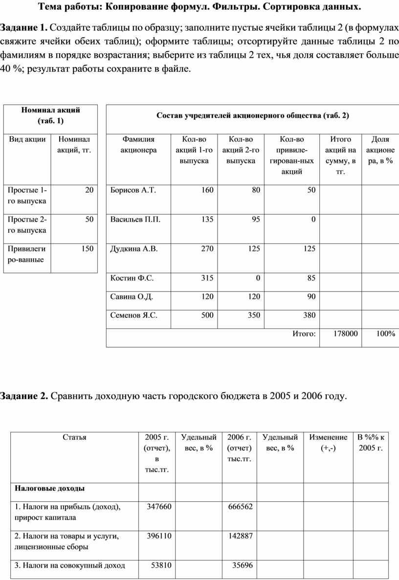 Задание по MS Excel