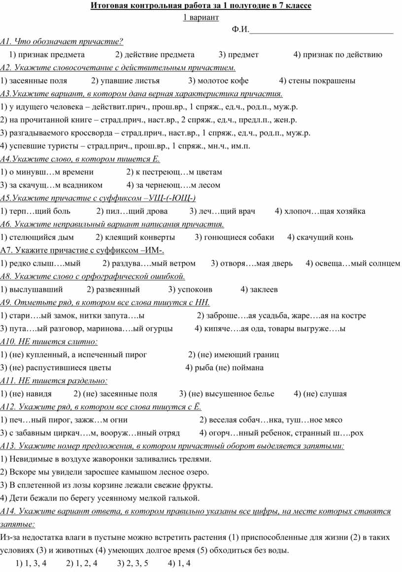 Контрольная работа по русскому языку в 7 классе за 1 полугодие