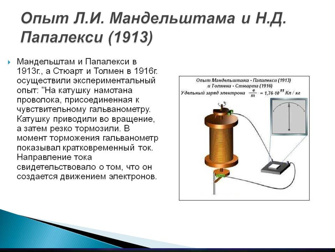 Опыт мандельштама папалекси доказывающий что ток в металлах создают электроны приведите схему опыта