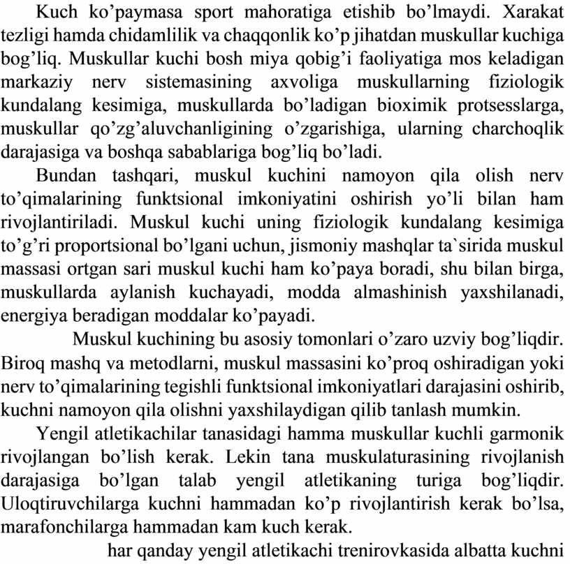 Kuch ko’paymasa sport mahoratiga etishib bo’lmaydi