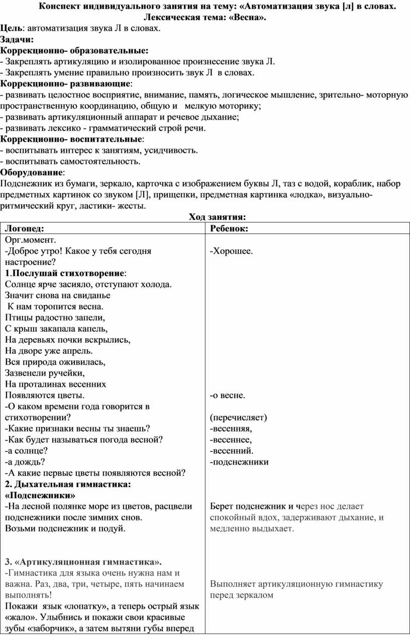 Конспект индивидуального занятия с ребенком