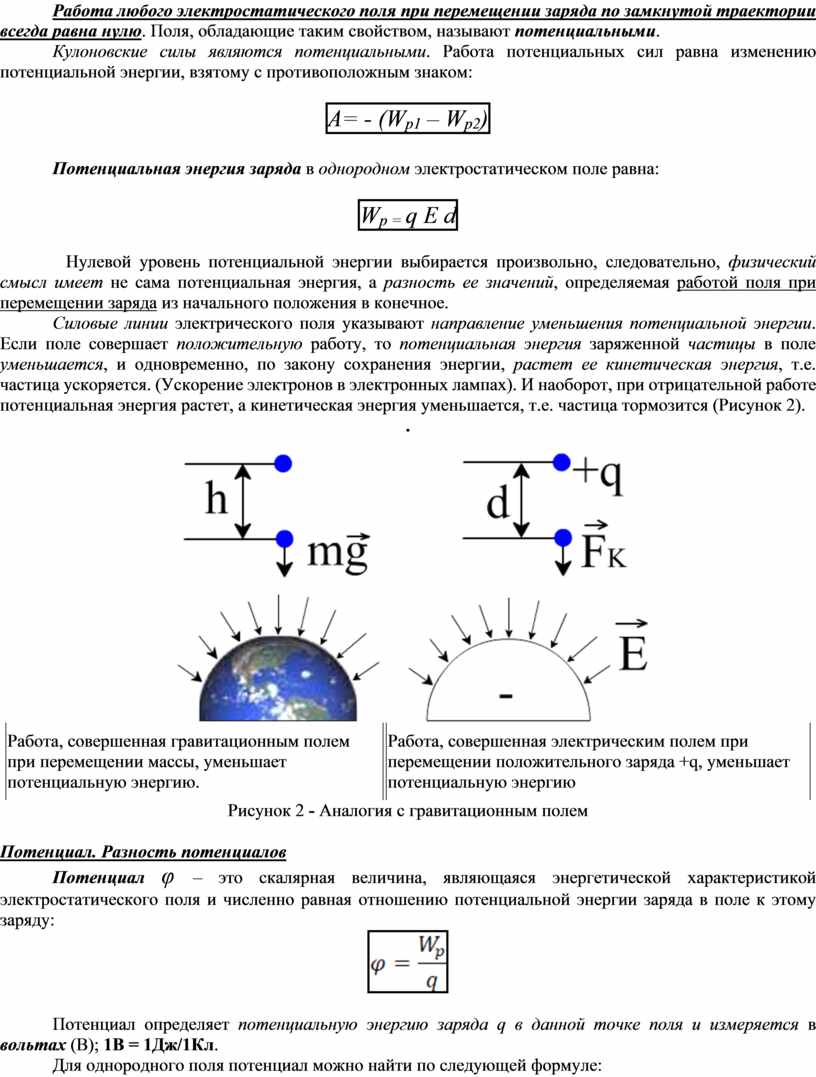 Работа электрического поля по перемещению заряда. Потенциал. Разность  потенциалов электрического поля. Эквипотенциальные