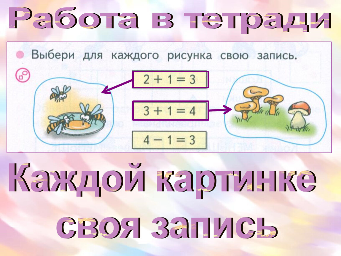 Выбери для каждого рисунка. Выбери для каждого рисунка свою запись. Состав для каждого рисунка свою запись. Выбери для каждого рисунка свою запись. 4+2=0. Цифра 4 работа в тетради.