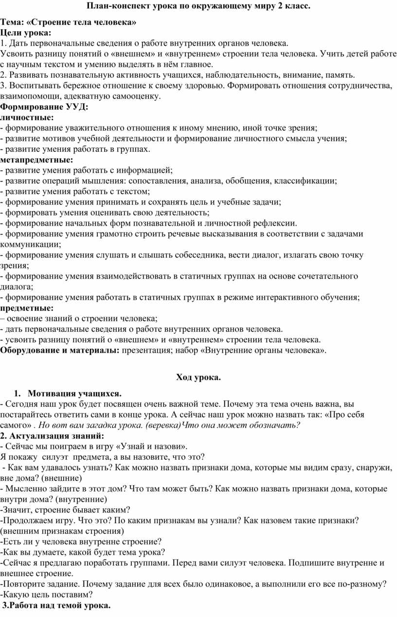 План-конспект урока по окружающему миру 2 класс. Тема «Строение тела  человека»