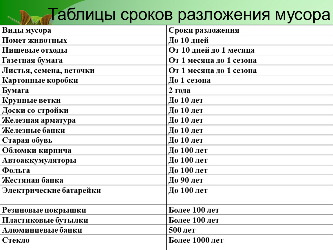 Деревянные изделия время разложения. Пищевые отходы срок разложения. Таблица разлагаемости отходов.