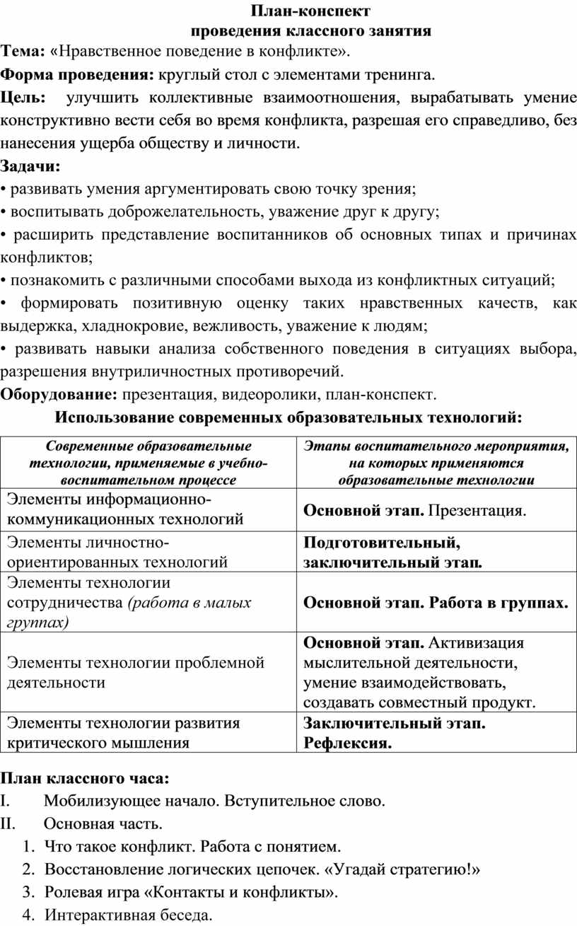 План-конспект проведения классного занятия