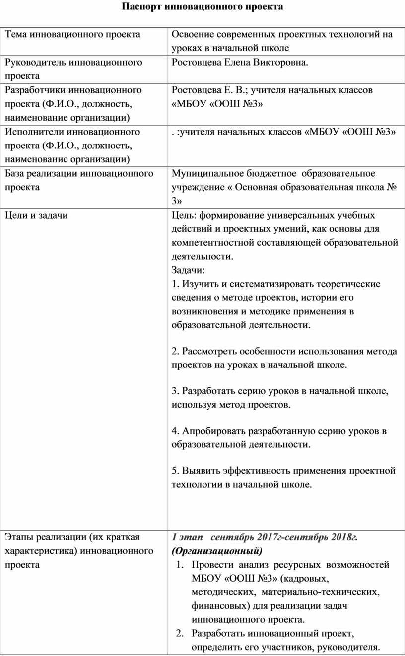 Паспорт инновационного проекта