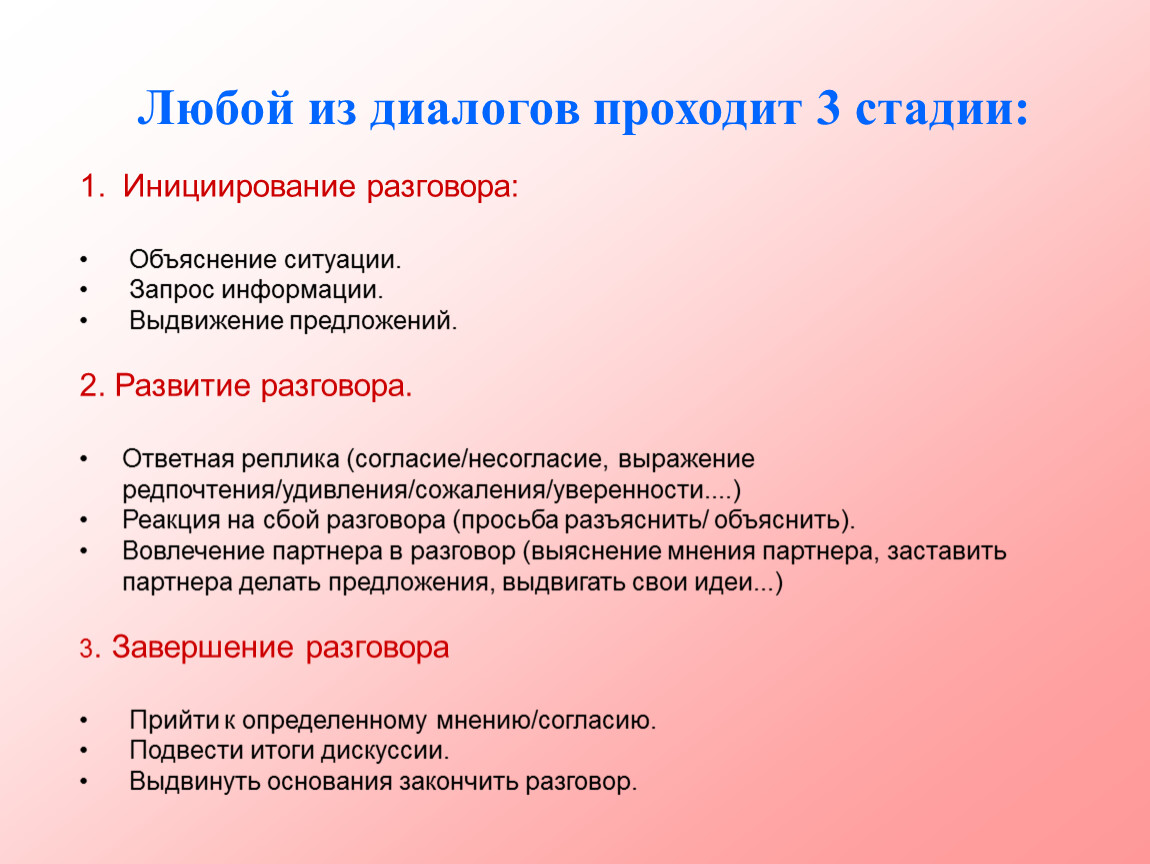 Диалог проходит. Объяснение ситуации. Стадии разговора. Выдвижение предложений. Выдвинуть предложение.