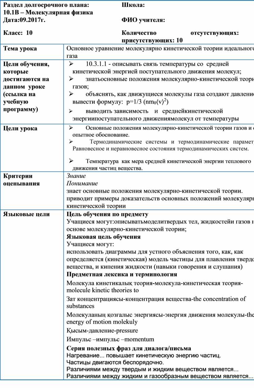 Основное уравнение мкт идеального газа