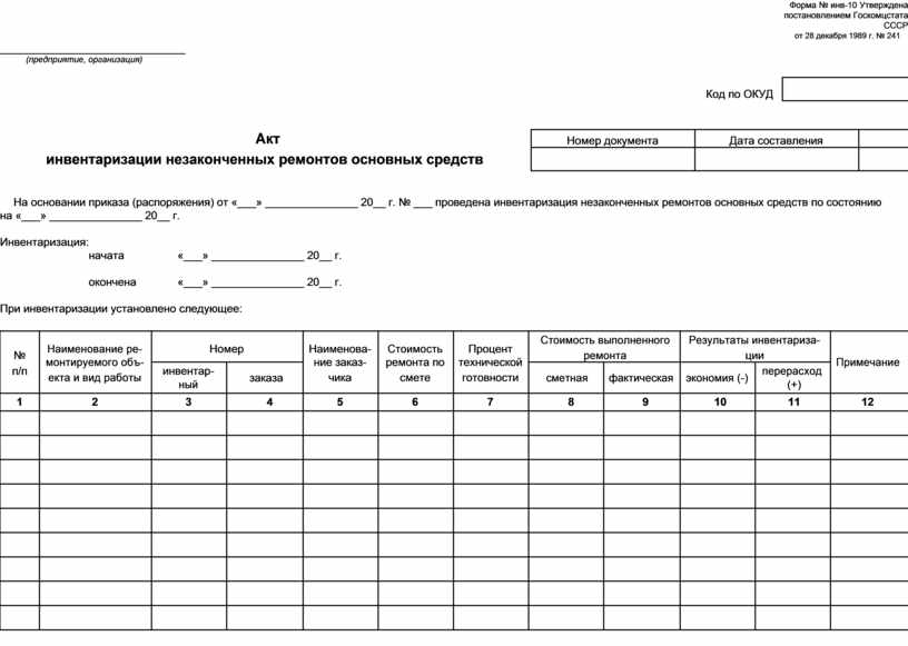 Акт инвентаризации незаконченных ремонтов основных средств образец заполнения