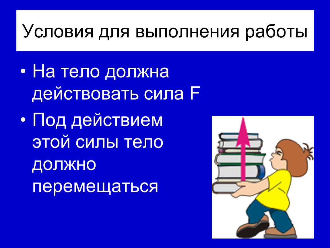 Условия выполнения работ. Условия выполнения работы физика. Условия выполнения механической работы. Выполнение работ. Условия для выполнения работы: на тело должна.